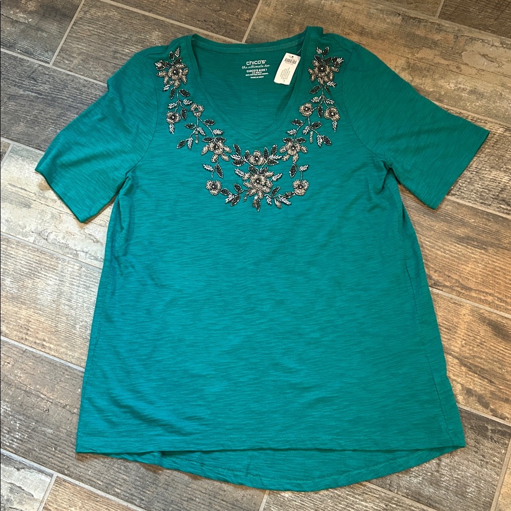 Chico Teal Floral Embroidered Top